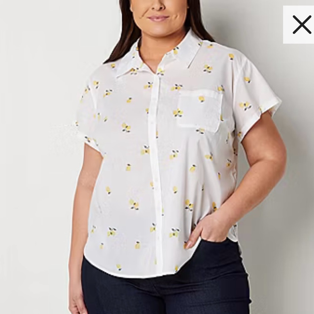 St. John's Bay Lemon Womens Short Sleeve Regular Fit Button-Down Shirt